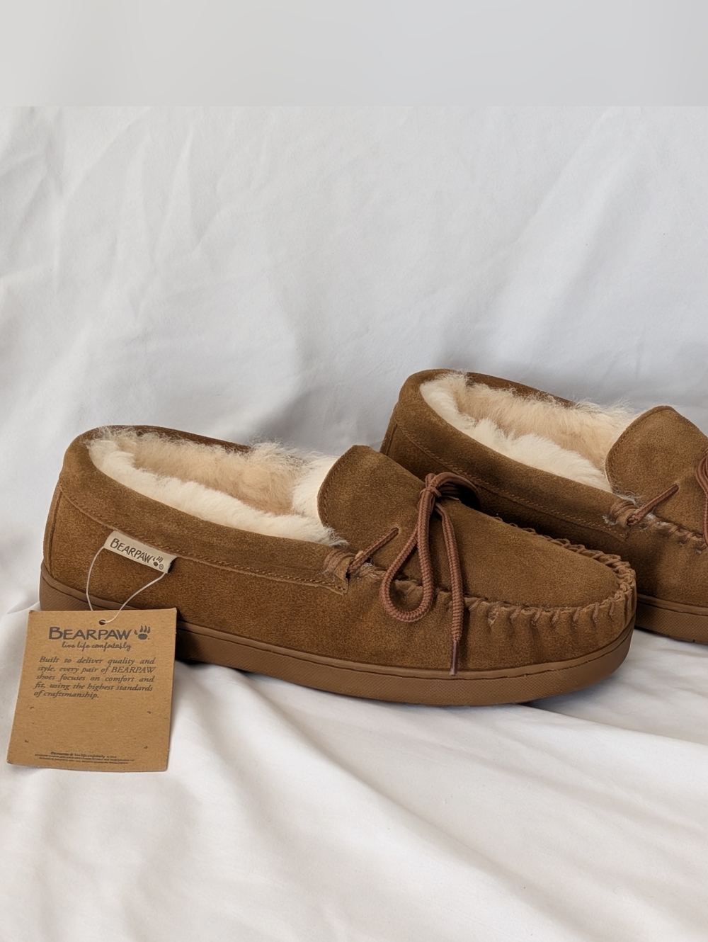 BEARPAW Moc II Men's Hickory Suede Moccasin Slippers Sheepskin Lined Size 9